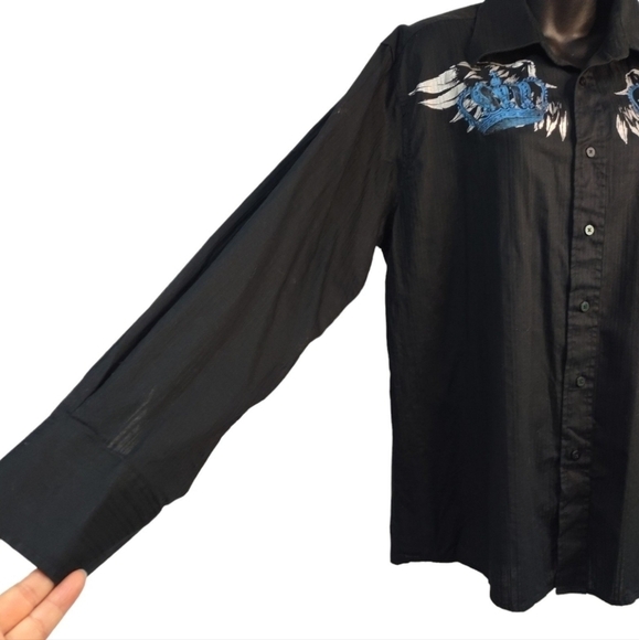 Eighty Eight Men's Black Blue Embellished Button Down Shirt Size L - Picture 5 of 7